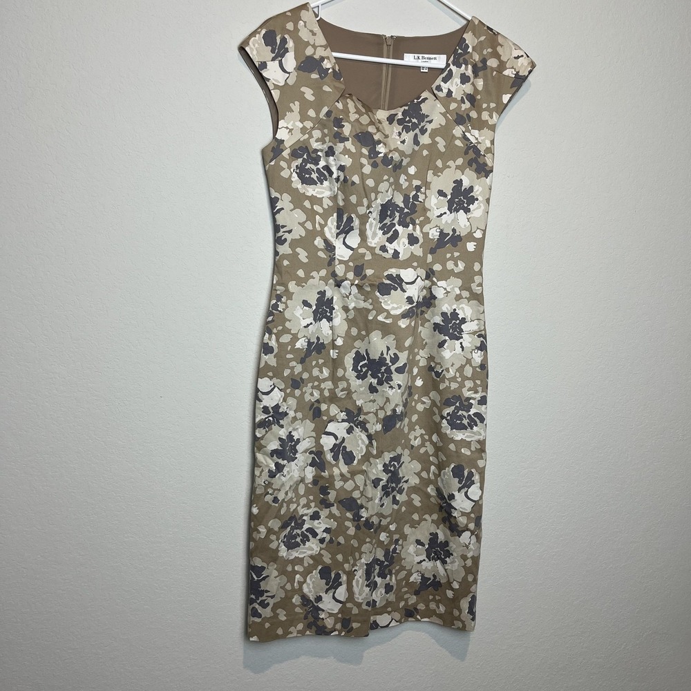 L.K. Bennett Dress Womens 4 Beige Floral V Neck Cap Sleeve Sheath Knee Length